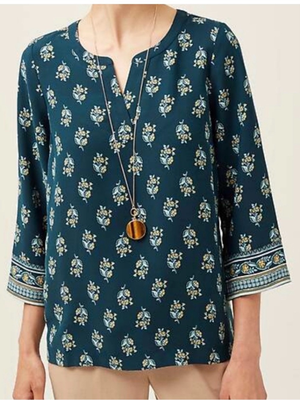 J Jill Wearever Blouse Easy-Care Floral Printed Bordered Top Blue Travel S